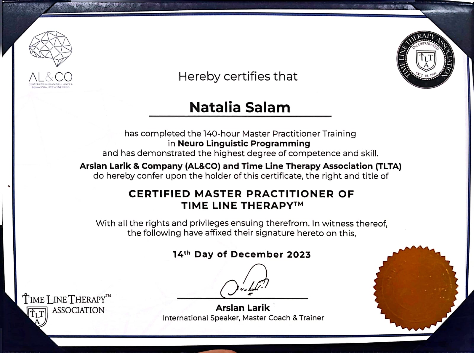 Certified Master Practitioner of Time Line Therapy™